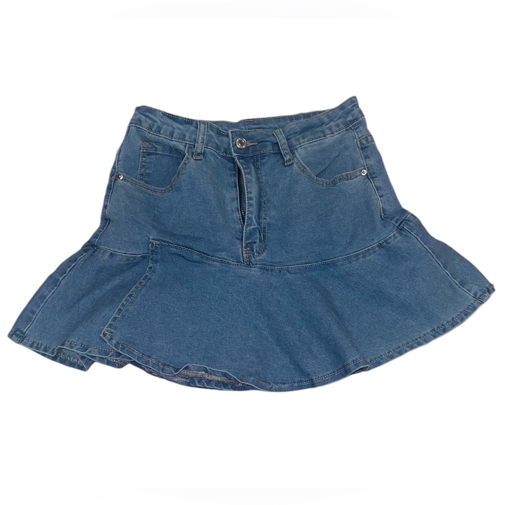 SHEIN EZwear Washed Ruffle Hem Denim Skirt